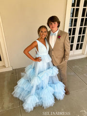 A-line V neck light Sky Blue Tiered Tulle Long Prom Dress Evening Dress SEW1073|Selinadress