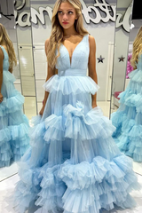 A-line V neck light Sky Blue Tiered Tulle Long Prom Dress Evening Dress SEW1073|Selinadress