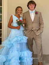 A-line V neck light Sky Blue Tiered Tulle Long Prom Dress Evening Dress SEW1073|Selinadress