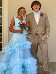 A-line V neck light Sky Blue Tiered Tulle Long Prom Dress Evening Dress SEW1073|Selinadress
