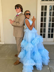 A-line V neck light Sky Blue Tiered Tulle Long Prom Dress Evening Dress SEW1073|Selinadress