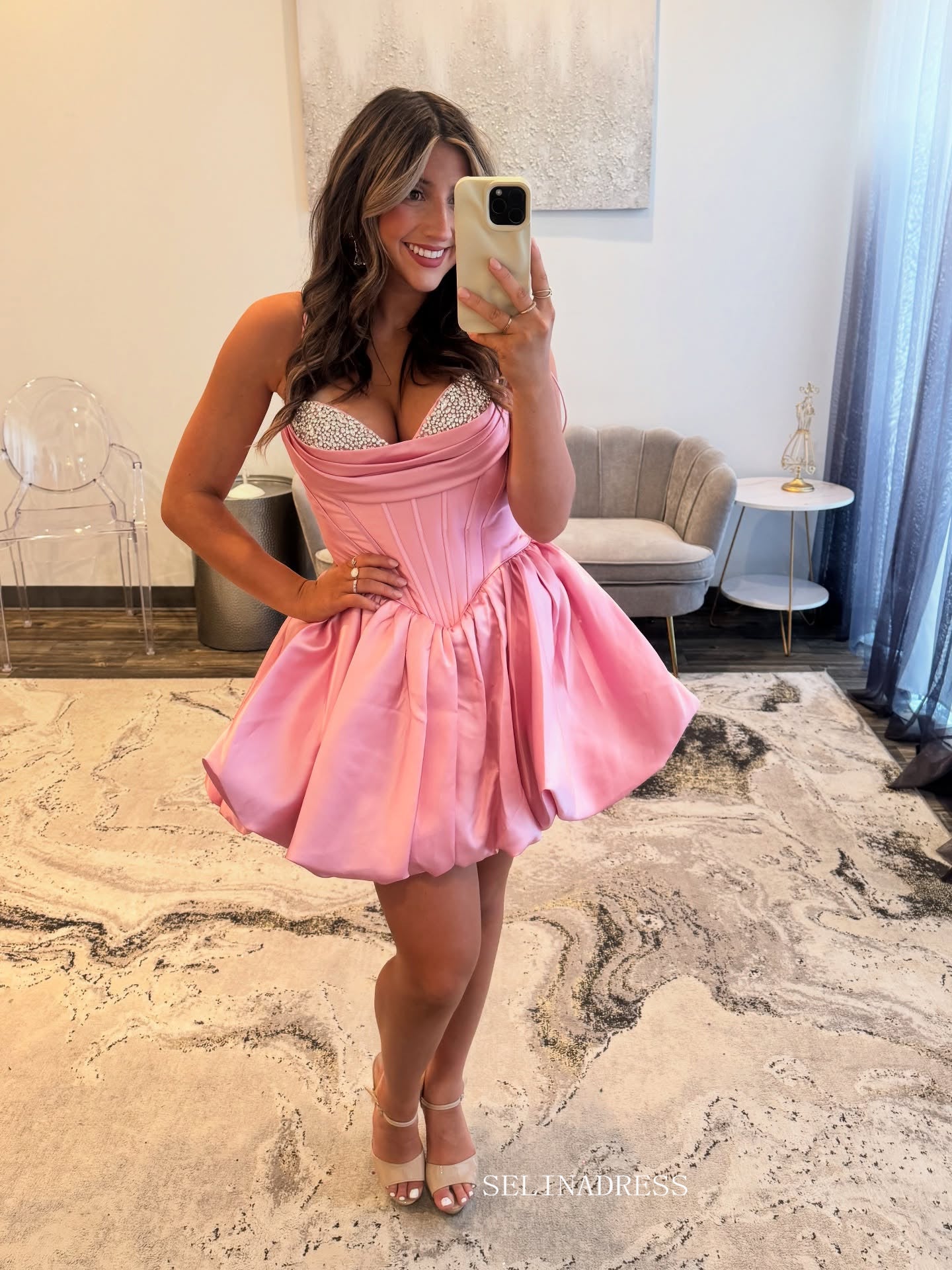 A-line V neck Pink Short Prom Dress With Rhinestone Homecoming Dress #TKL604|Selinadress