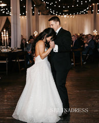 A-line V neck White Wedding Dress Rustic Beaded Bridal Gowns TKL3052|Selinadress