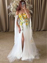 A-line Yellow Sunflower Wedding Dress Boho Off Shoulder Gown Floral Embroidered Bridal Dress TKL811|Selinadress