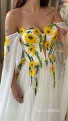 A-line Yellow Sunflower Wedding Dress Boho Off Shoulder Gown Floral Embroidered Bridal Dress TKL811|Selinadress