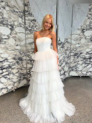 A-line Strapless White Wedding Dresses Gorgeous Frill Layered Gown SEA055|Selinadress