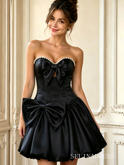 Aqua A-line Strapless Satin Ruched Bow Homecoming Dress TTL002|Selinadress