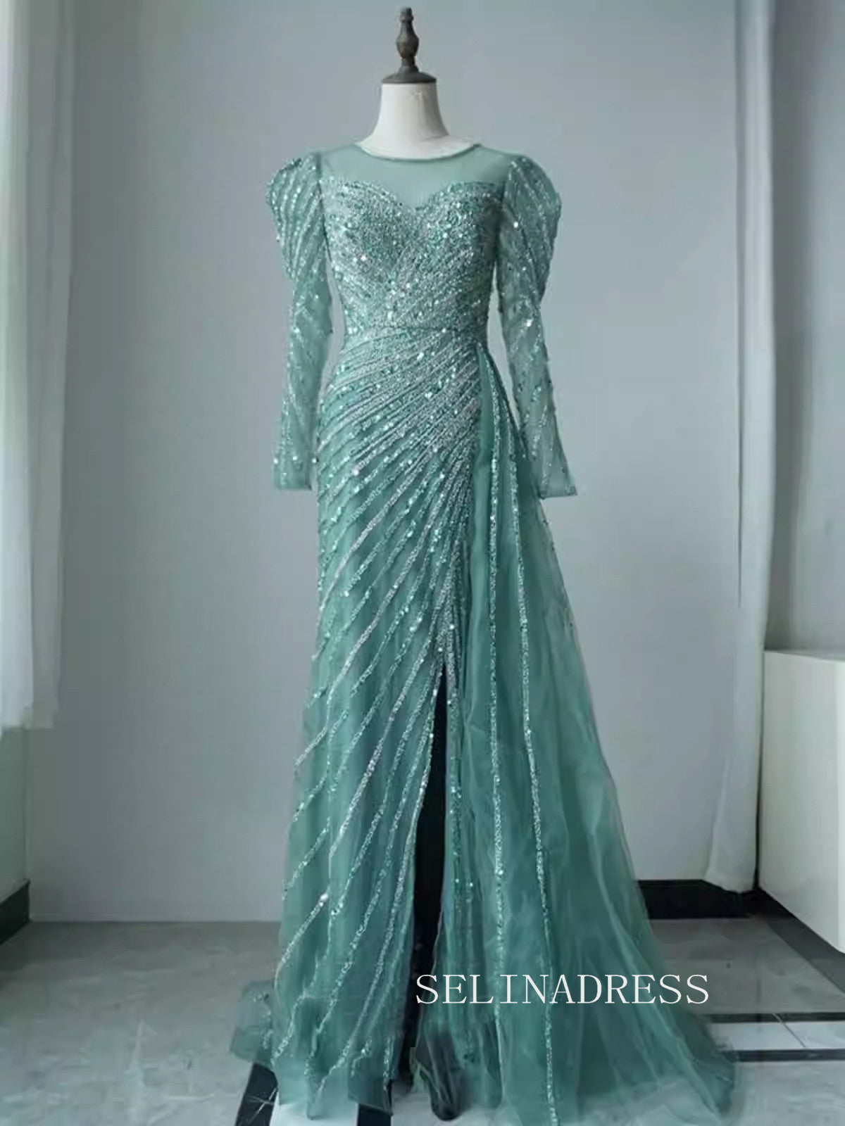 Arabic Turquoise Mermaid Beaded Split Luxury Dubai Long Evening Dresse SELINADRESS Arabic Turquoise Mermaid Beaded Split Luxury Dubai Long Evening Dresse SELINADRESS