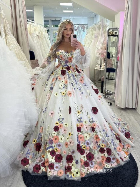 Ball Gown Floral Long Sleeve Beautiful Wedding Dresses SEK001|Selinadress
