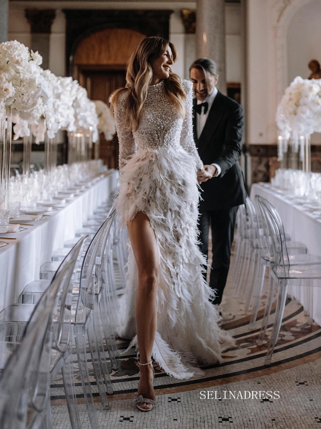 Beaded Long Sleeve Wedding Dresses Feather High Slit Stunning