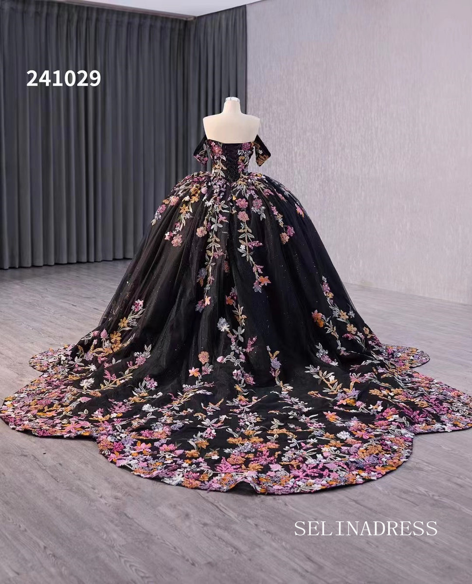 Black Floral Wedding Dress Off the Shoulder Quinceanera Dress 241029
