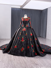 Black Flower Satin Wedding Dress Long Sleeve Quinceanera Dress 241038