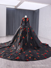 Black Flower Satin Wedding Dress Long Sleeve Quinceanera Dress 241038