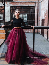Black Lace Crop Top with Burgundy Tulle Skirt Wedding Gown COK112|Selinadress