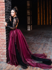 Black Lace Crop Top with Burgundy Tulle Skirt Wedding Gown COK112|Selinadress