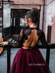 Black Lace Crop Top with Burgundy Tulle Skirt Wedding Gown COK112|Selinadress