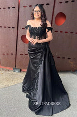 Black Off-the-shoulder Mermaid Lace Prom Dress with Beaded SEW1201|Selinadress