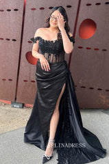 Black Off-the-shoulder Mermaid Lace Prom Dress with Beaded SEW1201|Selinadress