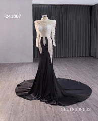 Black Pearl Beaded Satin Wedding Dress Mermaid Long Sleeve Pageant Dress 241007|Selinadress