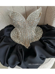 Black Strapless V neck Short Prom Dress Homecoming Dress With Rhinestone #TKL616|Selinadress