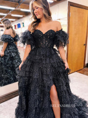 Black Sweetheart Long Prom Dress With Detachable Sleeves Spakly Lace Evening Dress EWR469|Selinadress