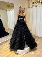 Black Sweetheart Ruffles Tulle Cheap Long Prom Dress Evening Dress lpk922|Selinadress