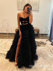 Black Sweetheart Ruffles Tulle Cheap Long Prom Dress Evening Dress lpk922|Selinadress