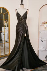 Black V-Neck Sheer Lace Corset Mermaid Prom Dress with Slit ALI252|Selinadress