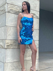Blue Cut Glass Mirror Straps Mini Homecoming Dress with Slit #TKL0137|Selinadress
