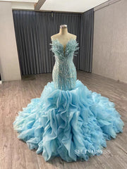 Blue Pearl Mermaid Wedding Dresses Tiered Strapless Pageant Dress 231040|Selinadress