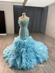 Blue Pearl Mermaid Wedding Dresses Tiered Strapless Pageant Dress 231040|Selinadress