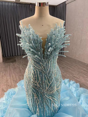 Blue Pearl Mermaid Wedding Dresses Tiered Strapless Pageant Dress 231040|Selinadress