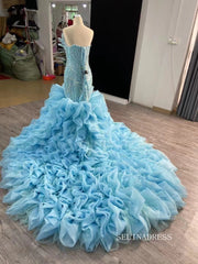 Blue Pearl Mermaid Wedding Dresses Tiered Strapless Pageant Dress 231040|Selinadress