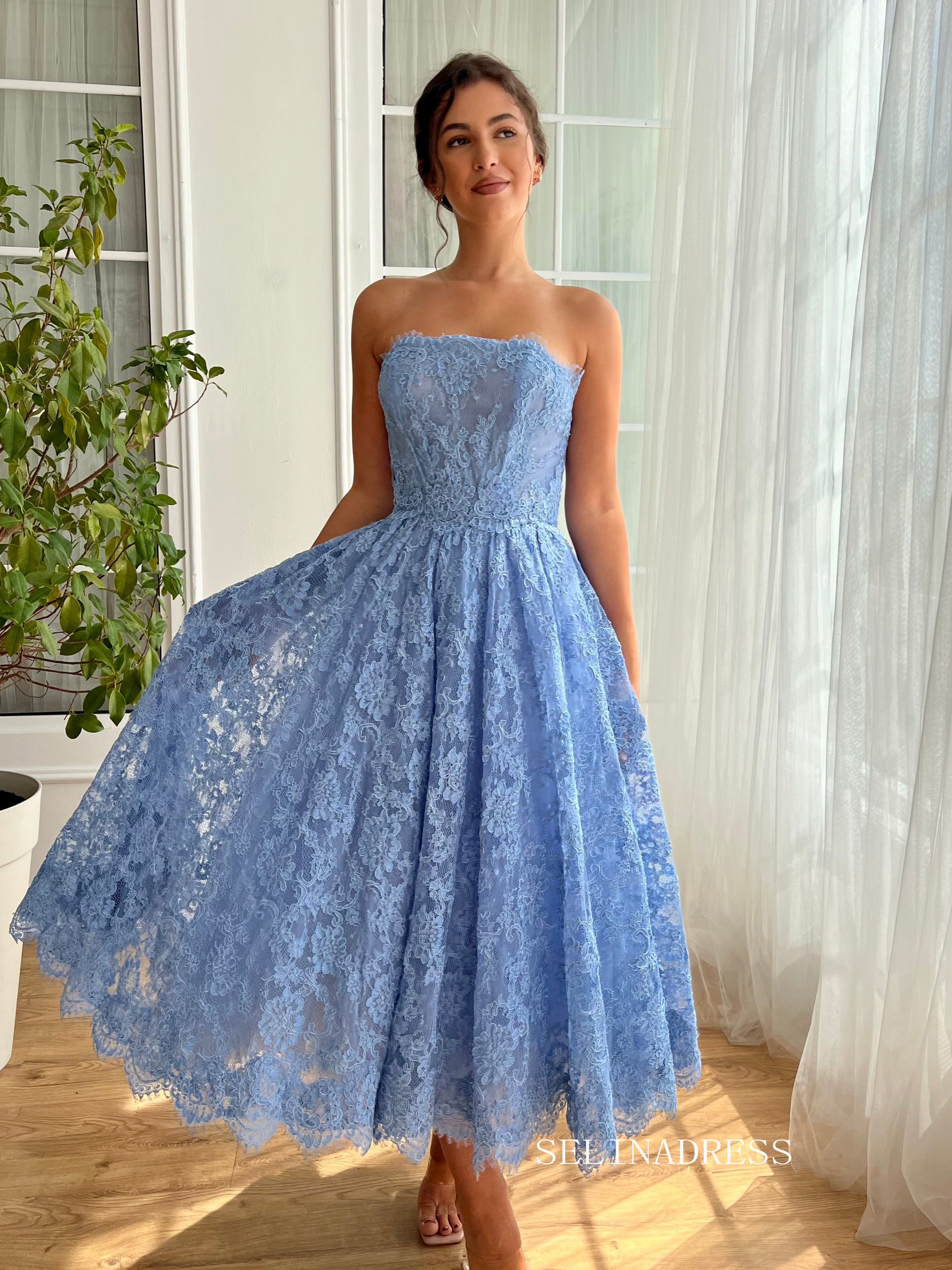 blue midi prom dress Sky Strapless Lace A line Short Party Dress JKL31 – SELINADRESS Black Shiny Shoe - Floral Vacation Dress length skirt Open back Size:5
