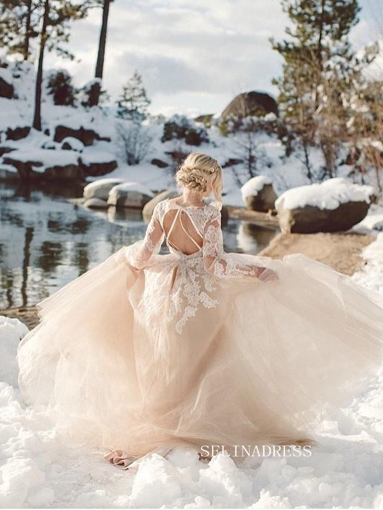 Blush Lace and Tulle Ball Gown with Open Back Wedding Dress COK108|Selinadress