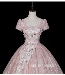 Blushing Pink Beading Sequins Lace Flower Appliques Prom Dresses Square Neckline Backless Ball Gown LET007|Selinadress