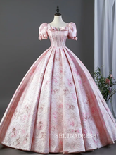 Blushing Pink Lovely Bow Printing Prom Dresses Square Neckline Puffy Short Sleeve Long Ball Gown LET026|Selinadress