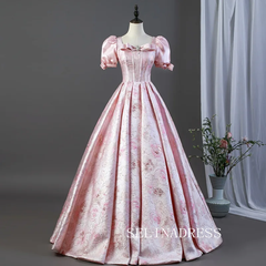 Blushing Pink Lovely Bow Printing Prom Dresses Square Neckline Puffy Short Sleeve Long Ball Gown LET026|Selinadress