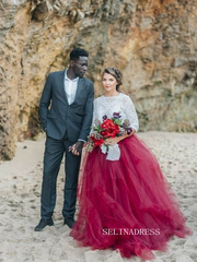 Lace Crop Top with Crimson Tulle Skirt Wedding Gown COK110|Selinadress
