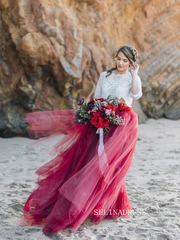 Lace Crop Top with Crimson Tulle Skirt Wedding Gown COK110|Selinadress