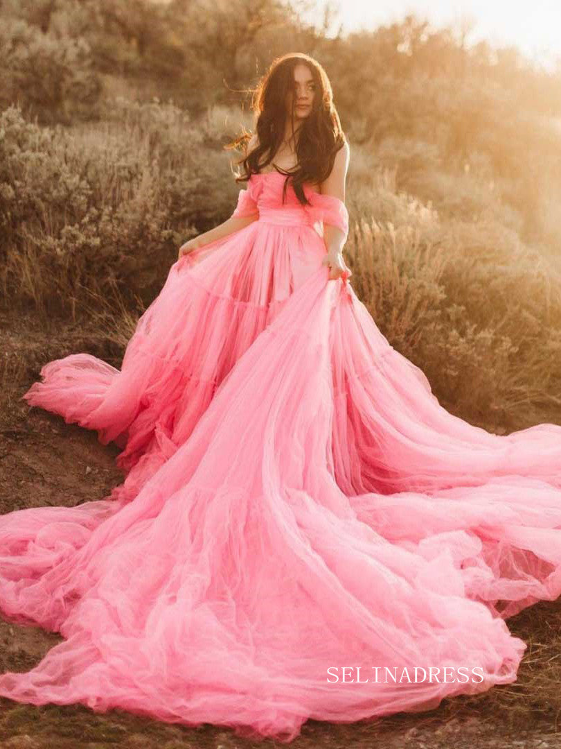 Bright Pink Maternity Dress Tulle Lush Long Train Unique Prom Dresses Cheap Evening Dresses #LPO006|Selinadress
