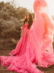 Bright Pink Maternity Dress Tulle Lush Long Train Unique Prom Dresses Cheap Evening Dresses #LPO006|Selinadress