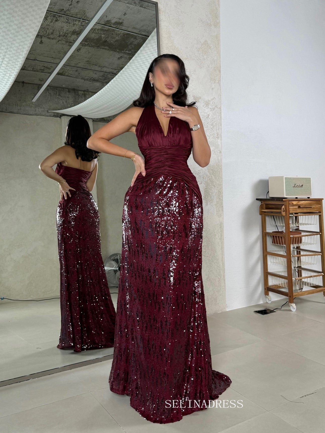 Burgundy Halter Mermaid Long Prom Dress Evening Dress With Sequins TKL607|Selinadress