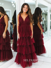 Burgundy Tiered Pearl Tulle Prom Dress V neck Evening Dress SEA206|Selinadress
