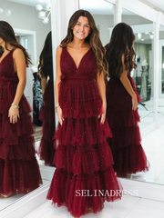 Burgundy Tiered Pearl Tulle Prom Dress V neck Evening Dress SEA206|Selinadress