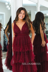 Burgundy Tiered Pearl Tulle Prom Dress V neck Evening Dress SEA206|Selinadress