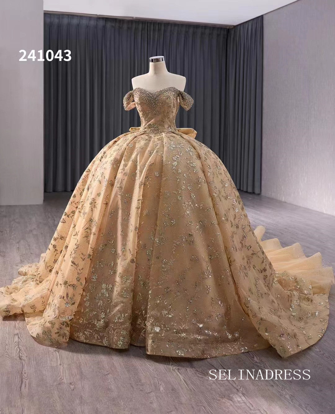 Champagne Beaded Ball Gown Wedding Dress Off-the-shoulder Quinceanera Dress 241043|Selinadress