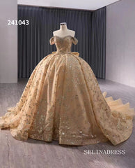 Champagne Beaded Ball Gown Wedding Dress Off-the-shoulder Quinceanera Dress 241043|Selinadress