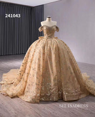 Champagne Beaded Ball Gown Wedding Dress Off-the-shoulder Quinceanera Dress 241043|Selinadress