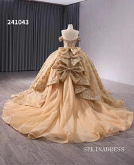 Champagne Beaded Ball Gown Wedding Dress Off-the-shoulder Quinceanera Dress 241043|Selinadress